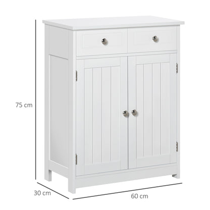 kleankin 75x60cm Freestanding Bathroom Storage Cabinet Unit w/ 2 Drawers Cupboard Adjustable Shelf Metal Handles Traditional Style White 