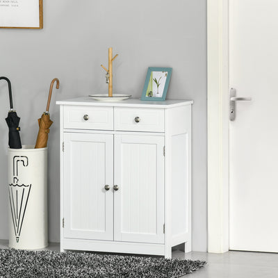 kleankin 75x60cm Freestanding Bathroom Storage Cabinet Unit w/ 2 Drawers Cupboard Adjustable Shelf Metal Handles Traditional Style White 