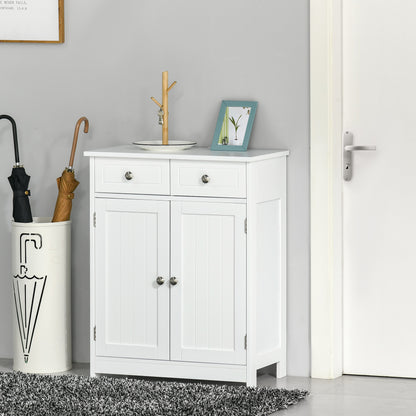 kleankin 75x60cm Freestanding Bathroom Storage Cabinet Unit w/ 2 Drawers Cupboard Adjustable Shelf Metal Handles Traditional Style White 
