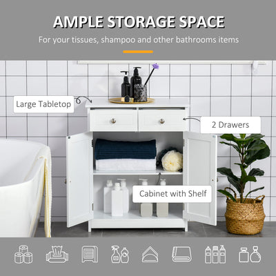 kleankin 75x60cm Freestanding Bathroom Storage Cabinet Unit w/ 2 Drawers Cupboard Adjustable Shelf Metal Handles Traditional Style White 