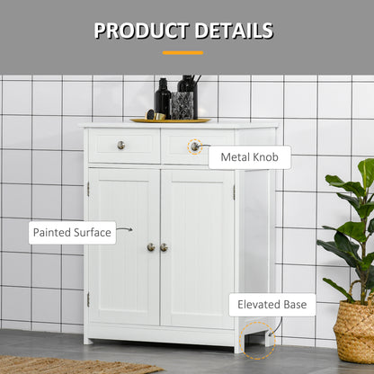 kleankin 75x60cm Freestanding Bathroom Storage Cabinet Unit w/ 2 Drawers Cupboard Adjustable Shelf Metal Handles Traditional Style White 
