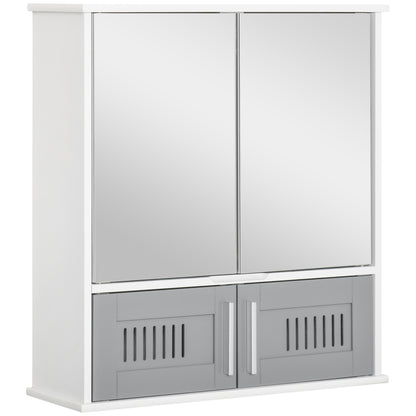 kleankin Bathroom Mirror Cabinet, Wall Mounted Storage Cupboard with Double Doors and Adjustable Shelf, Bathroom Organizer, Grey 