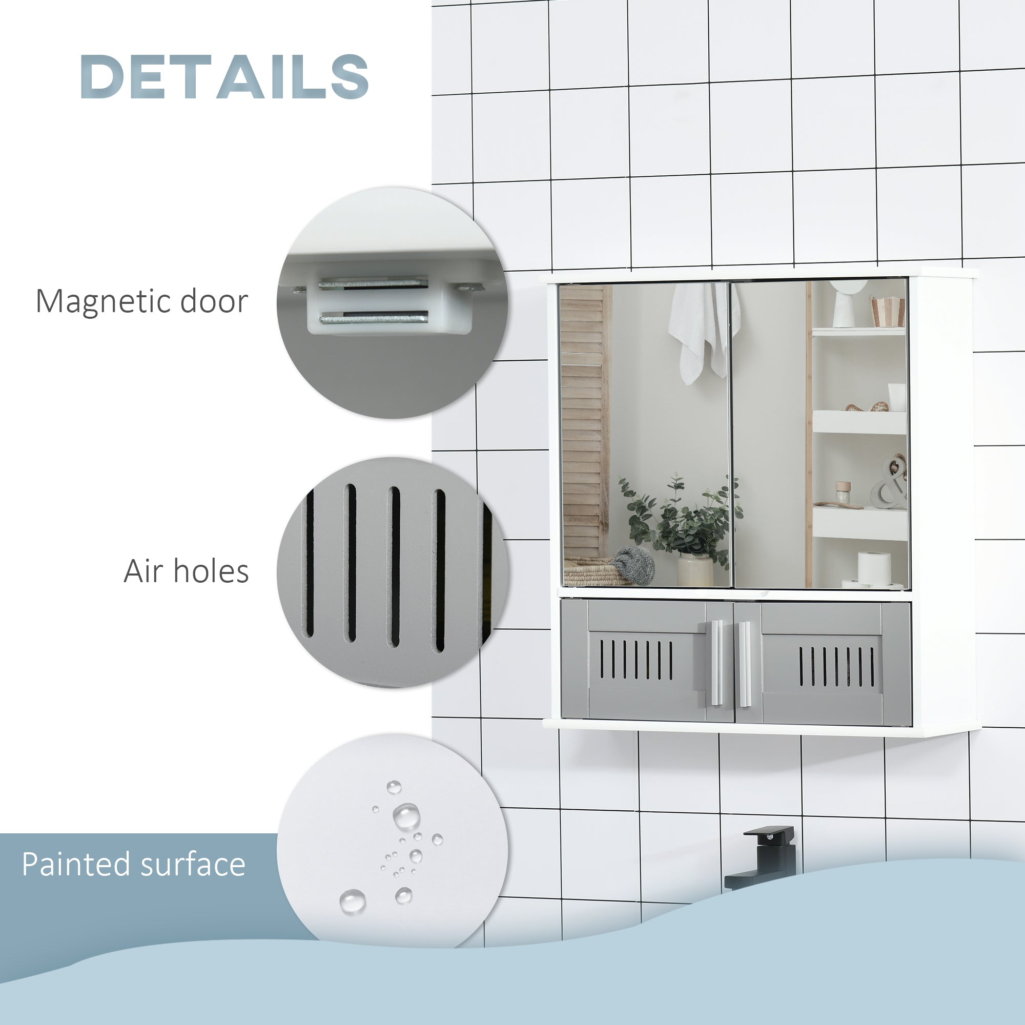 kleankin Bathroom Mirror Cabinet, Wall Mounted Storage Cupboard with Double Doors and Adjustable Shelf, Bathroom Organizer, Grey 