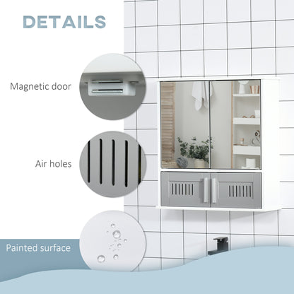 kleankin Bathroom Mirror Cabinet, Wall Mounted Storage Cupboard with Double Doors and Adjustable Shelf, Bathroom Organizer, Grey 