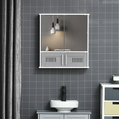 kleankin Bathroom Mirror Cabinet, Wall Mounted Storage Cupboard with Double Doors and Adjustable Shelf, Bathroom Organizer, Grey 