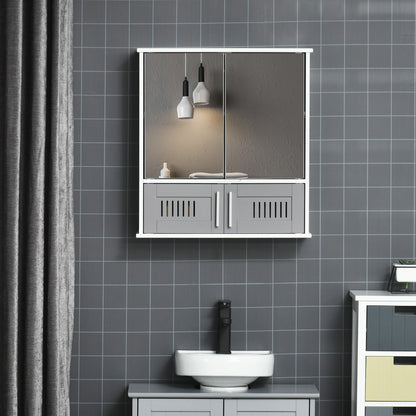 kleankin Bathroom Mirror Cabinet, Wall Mounted Storage Cupboard with Double Doors and Adjustable Shelf, Bathroom Organizer, Grey 