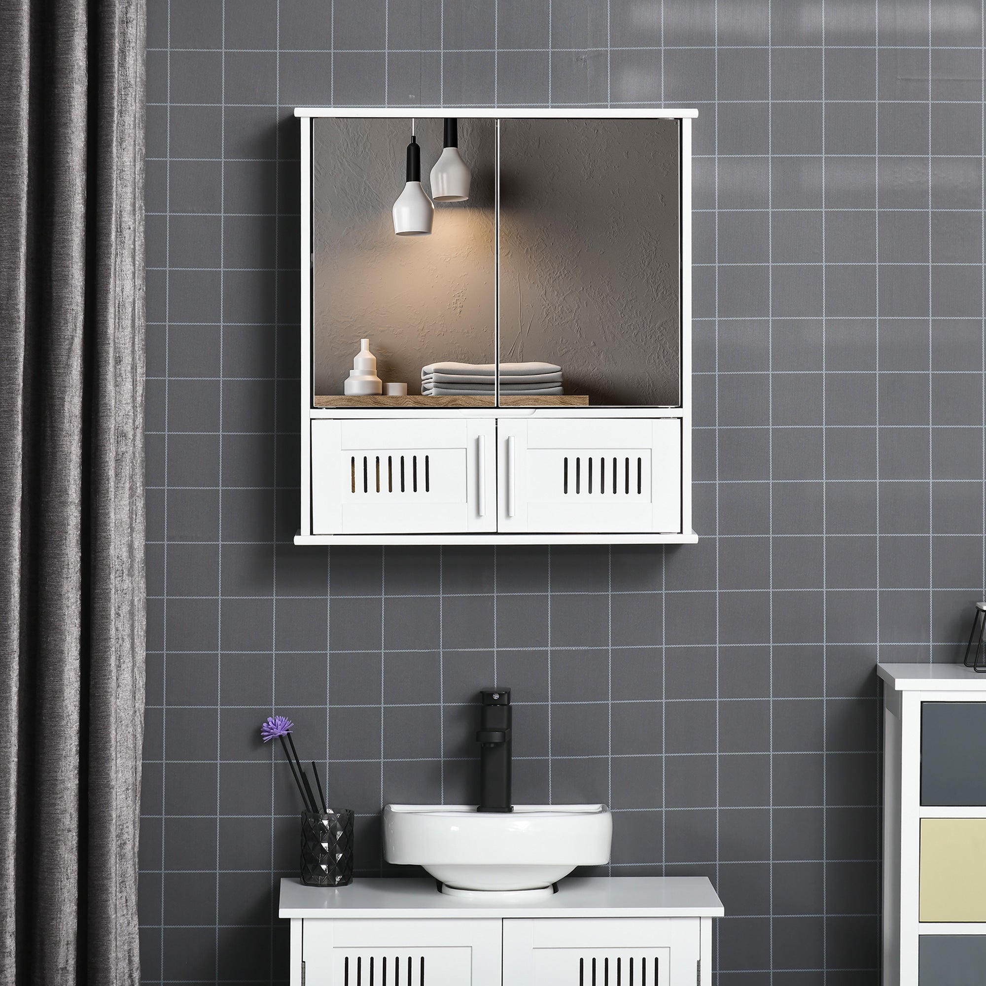 kleankin Bathroom Mirror Cabinet, Wall Mounted Storage Cupboard with Double Doors and Adjustable Shelf, Bathroom Organizer, White 