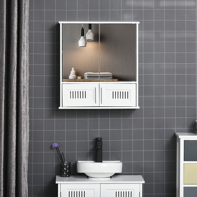 kleankin Bathroom Mirror Cabinet, Wall Mounted Storage Cupboard with Double Doors and Adjustable Shelf, Bathroom Organizer, White 