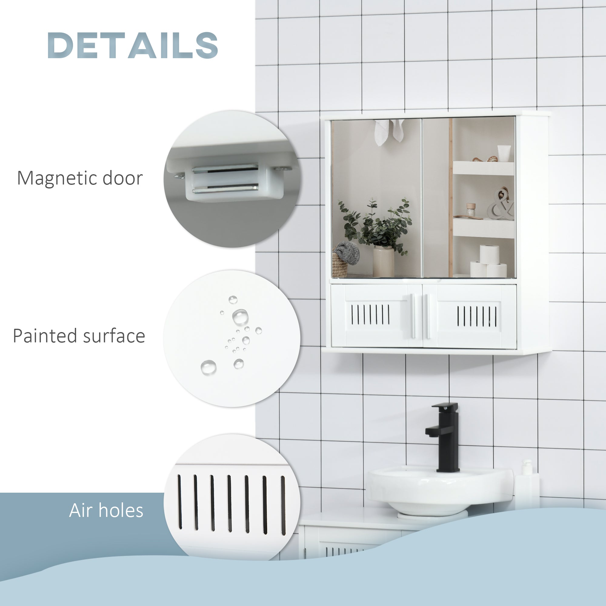 kleankin Bathroom Mirror Cabinet, Wall Mounted Storage Cupboard with Double Doors and Adjustable Shelf, Bathroom Organizer, White 