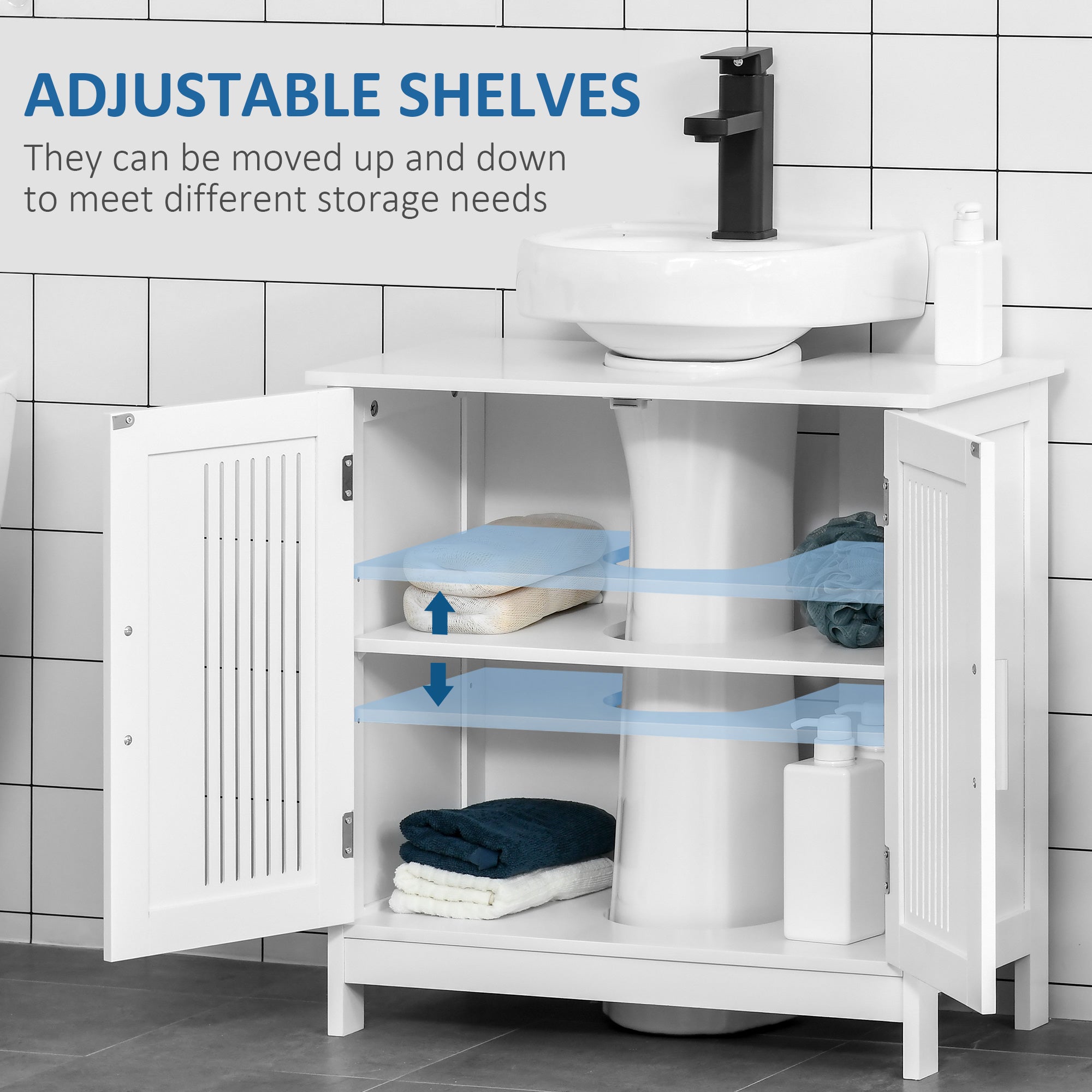 kleankin Modern Under Sink Cabinet with 2 Doors, Bathroom Vanity Unit, Pedestal Under Sink Design, Storage Cupboard with Adjustable Shelves, White 