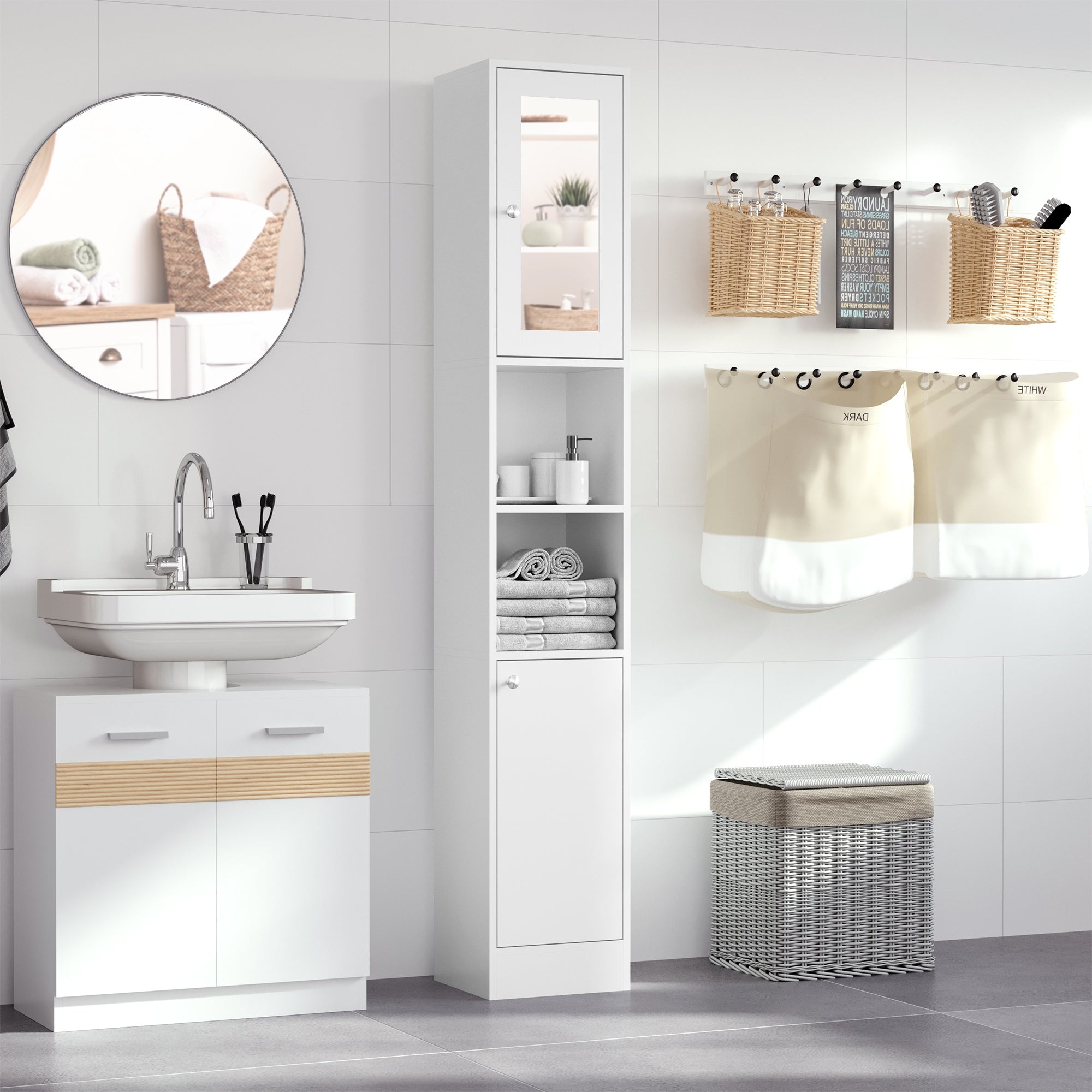 kleankin Tall Bathroom Storage Cabinet with Mirror, Freestanding Floor Cabinet Tallboy Unit with Adjustable Shelves, White 