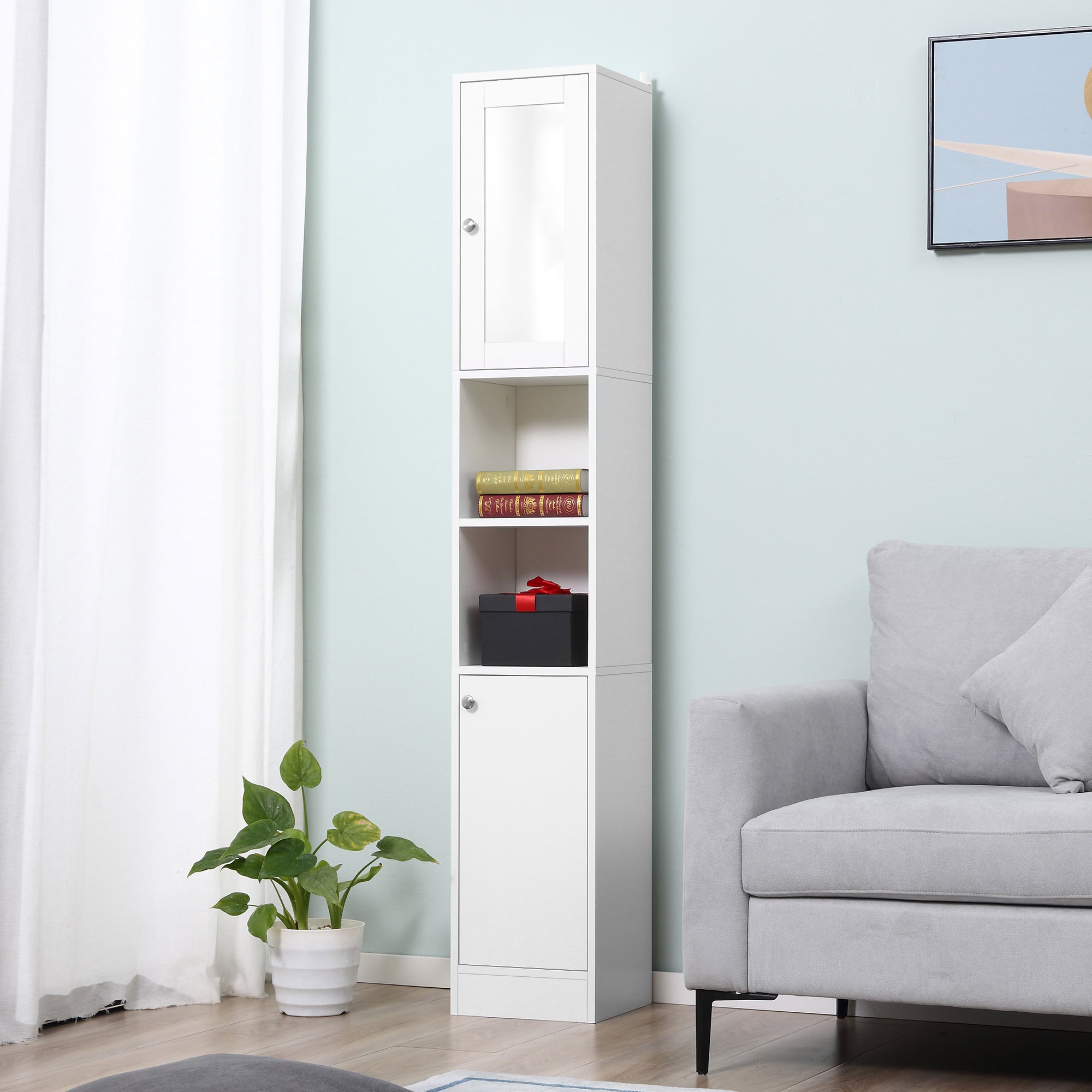 kleankin Tall Bathroom Storage Cabinet with Mirror, Freestanding Floor Cabinet Tallboy Unit with Adjustable Shelves, White 