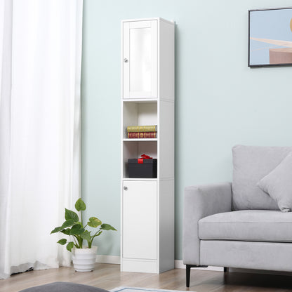 kleankin Tall Bathroom Storage Cabinet with Mirror, Freestanding Floor Cabinet Tallboy Unit with Adjustable Shelves, White 