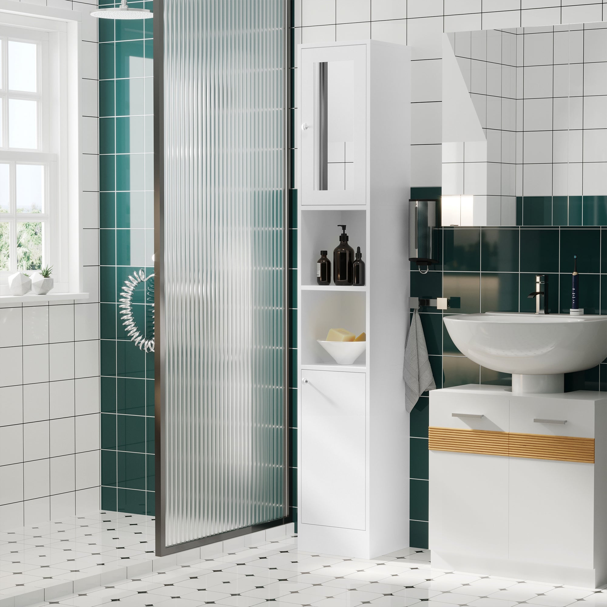 kleankin Tall Bathroom Storage Cabinet with Mirror, Freestanding Floor Cabinet Tallboy Unit with Adjustable Shelves, White 