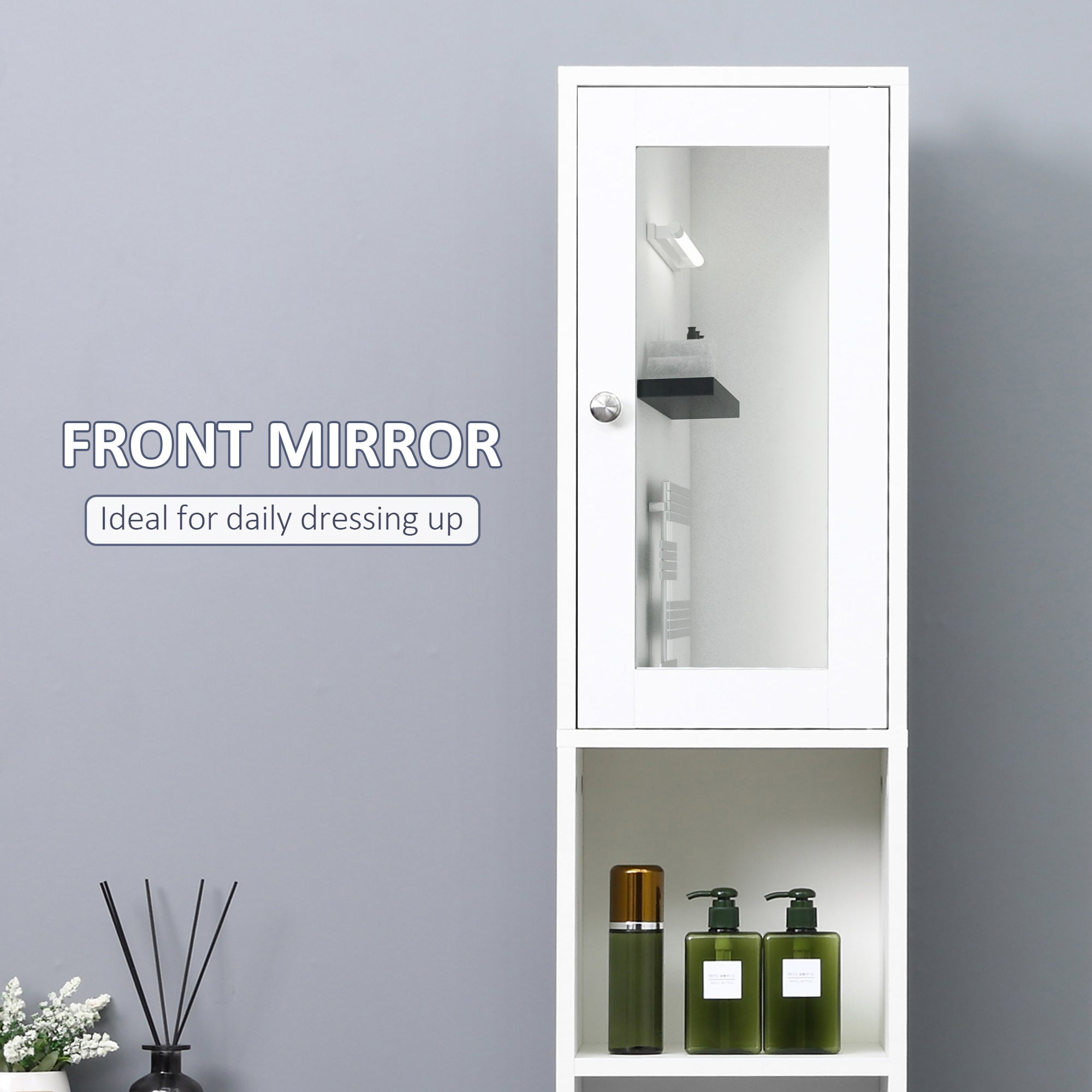 kleankin Tall Bathroom Storage Cabinet with Mirror, Freestanding Floor Cabinet Tallboy Unit with Adjustable Shelves, White 