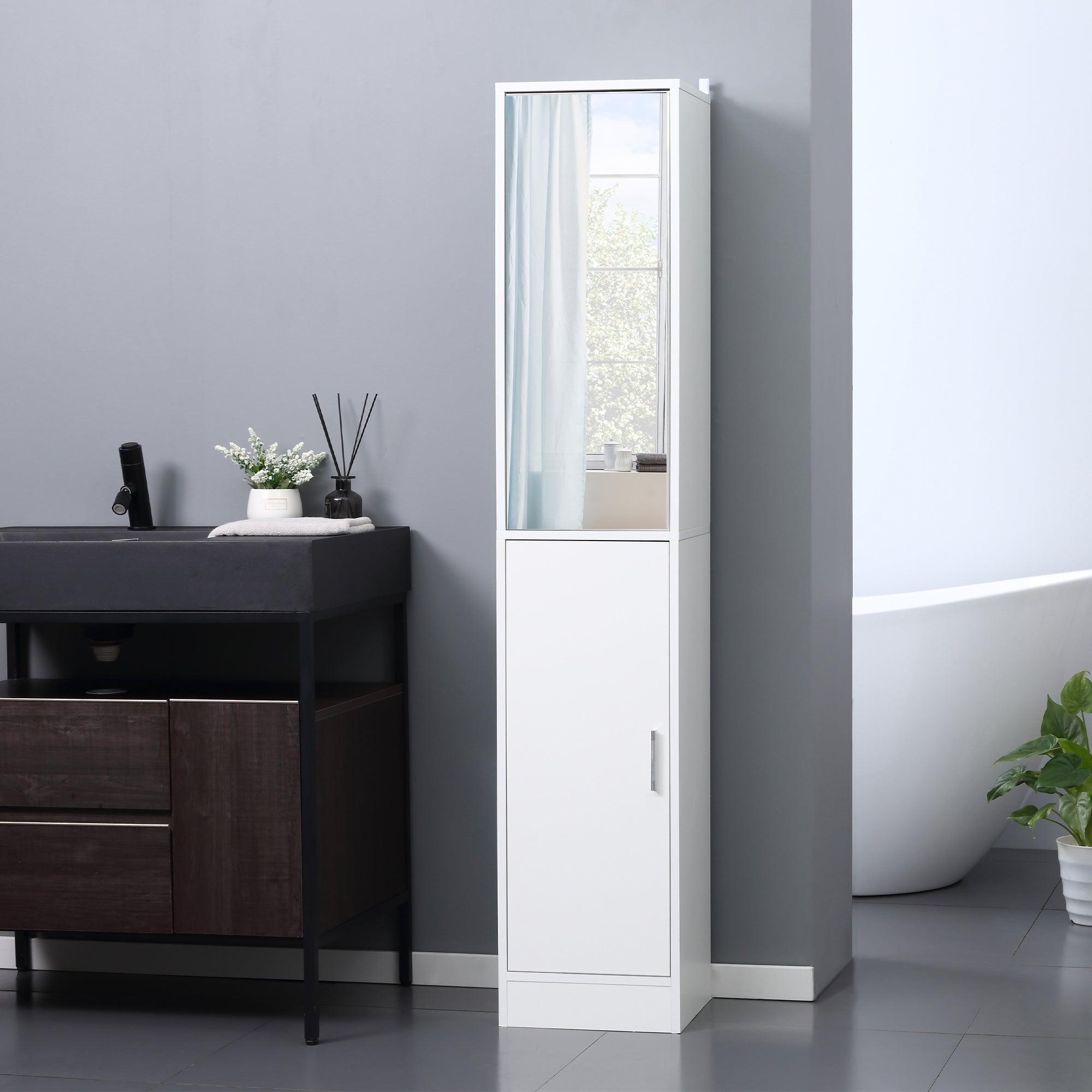 kleankin Tall Mirrored Bathroom Cabinet, Bathroom Storage Cupboard, Floor Standing Tallboy Unit with Adjustable Shelf, White 