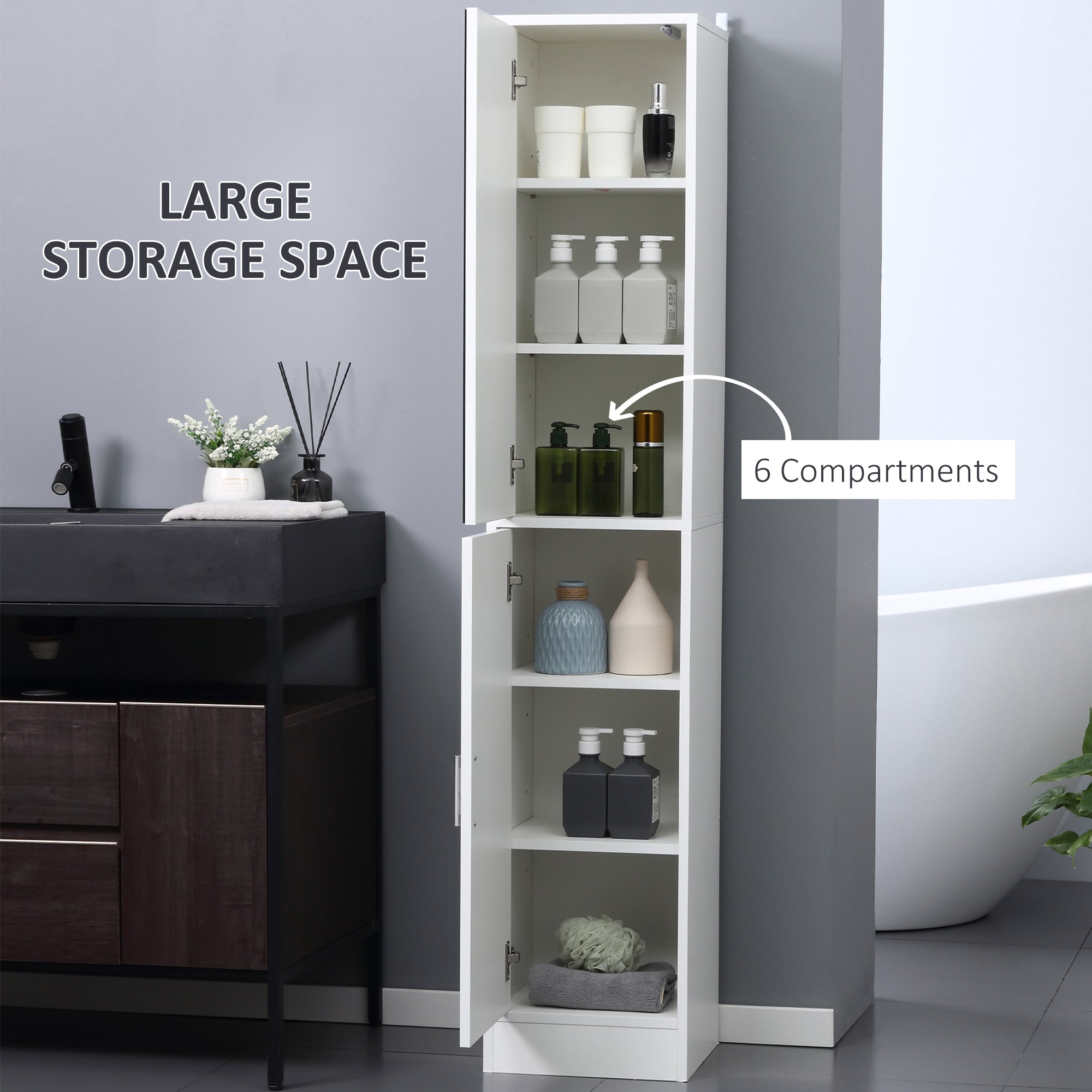 kleankin Tall Mirrored Bathroom Cabinet, Bathroom Storage Cupboard, Floor Standing Tallboy Unit with Adjustable Shelf, White 