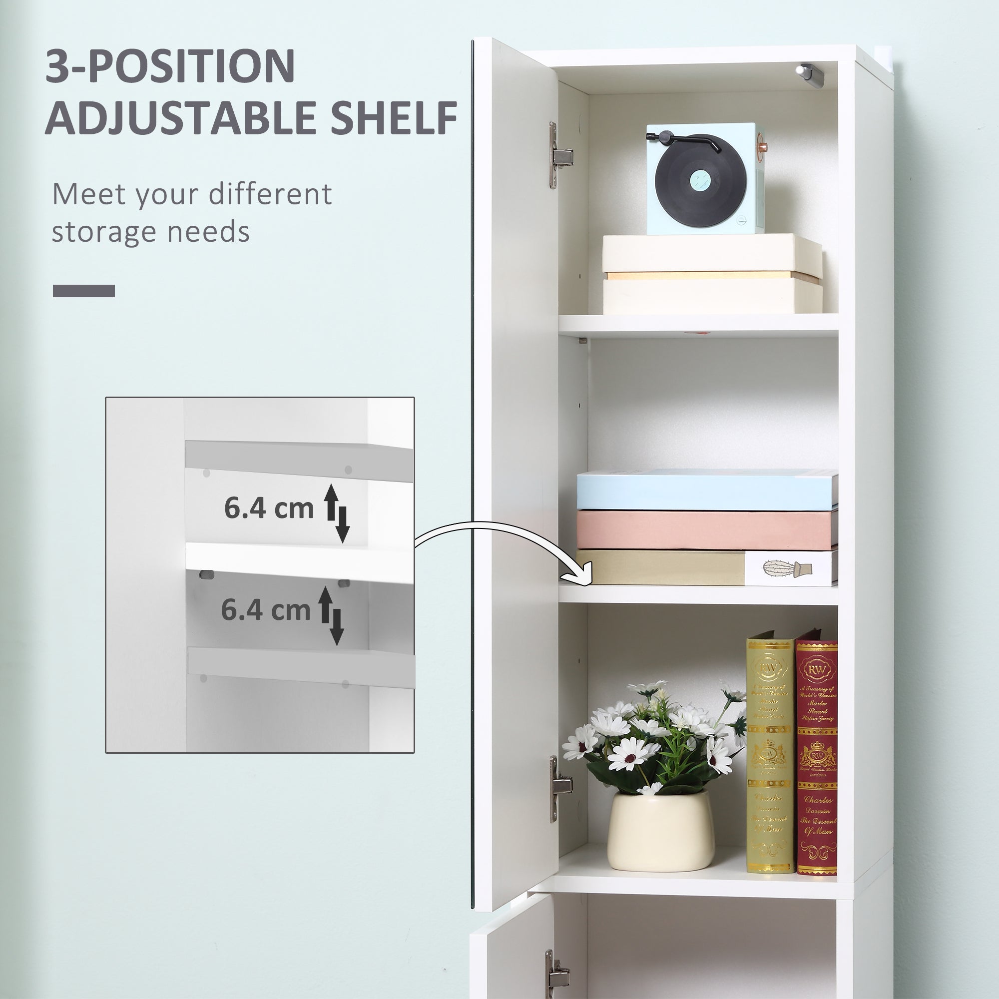 kleankin Tall Mirrored Bathroom Cabinet, Bathroom Storage Cupboard, Floor Standing Tallboy Unit with Adjustable Shelf, White 