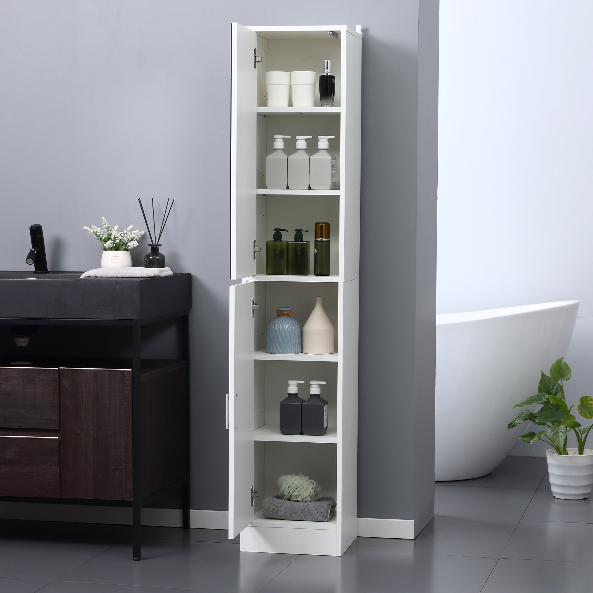 kleankin Tall Mirrored Bathroom Cabinet, Bathroom Storage Cupboard, Floor Standing Tallboy Unit with Adjustable Shelf, White 