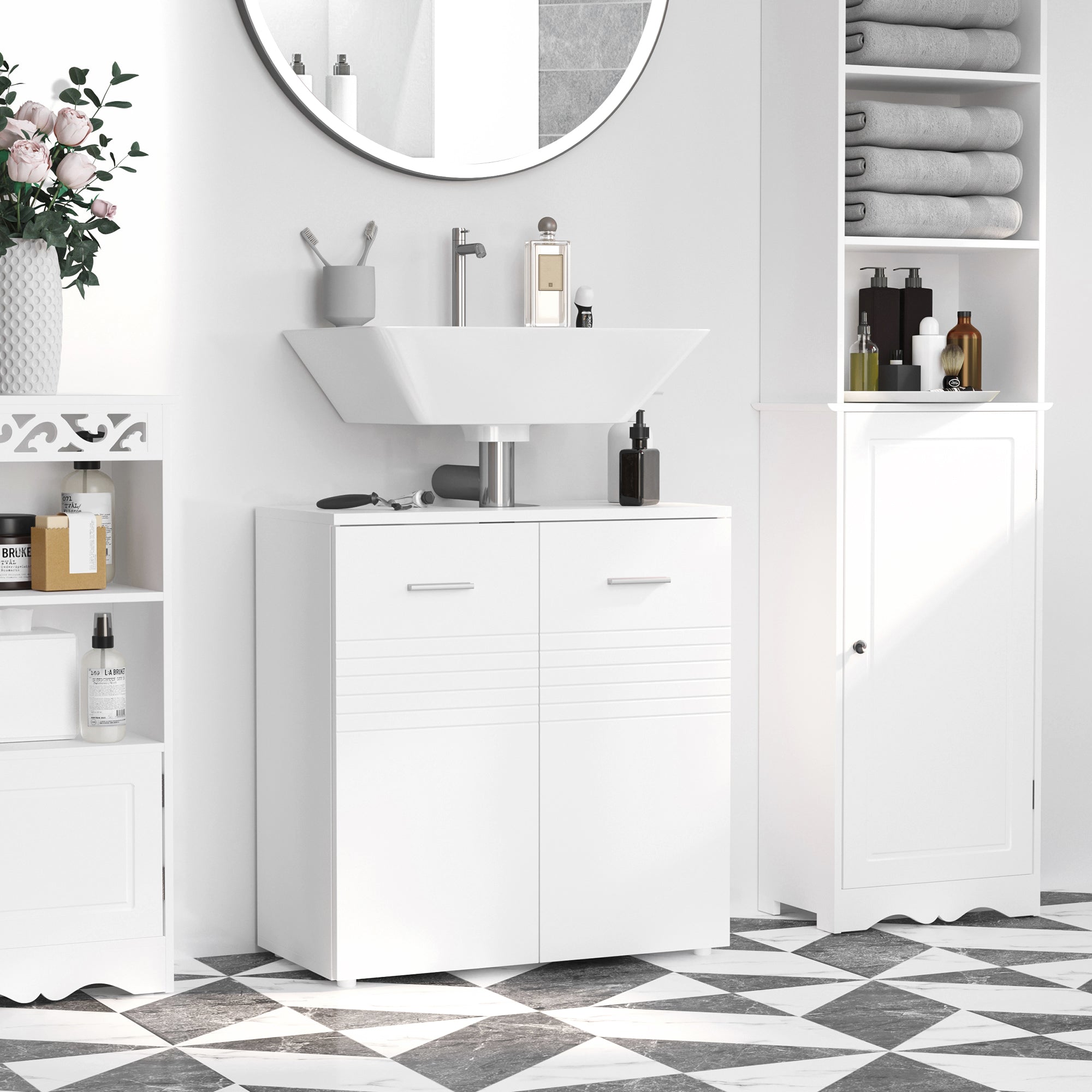 kleankin Under Sink Cabinet, Bathroom Vanity Unit, Pedestal Under Sink Design, Storage Cupboard with Adjustable Shelf, High Gloss, White 