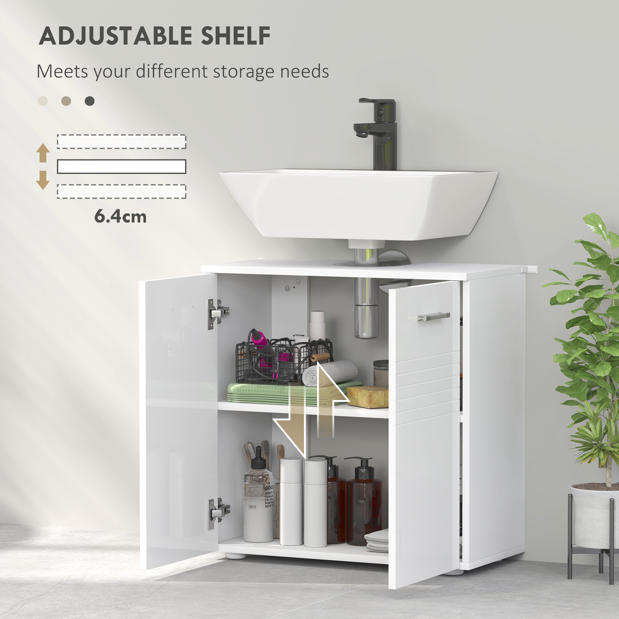 kleankin Under Sink Cabinet, Bathroom Vanity Unit, Pedestal Under Sink Design, Storage Cupboard with Adjustable Shelf, High Gloss, White 