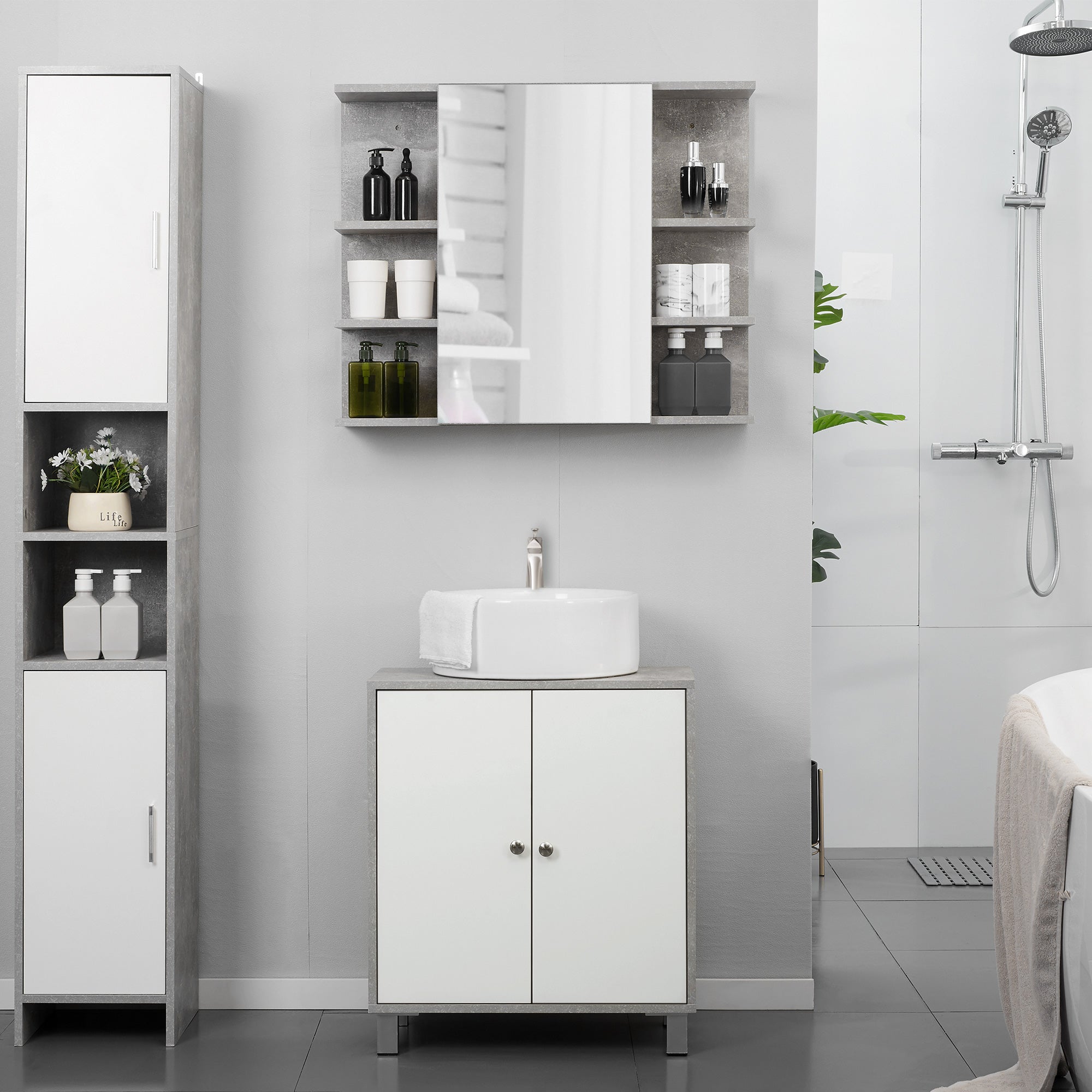 kleankin Under Sink Cabinet, Bathroom Vanity Unit, Pedestal Under Sink Design, Storage Cupboard with Adjustable Shelves, White and Grey 