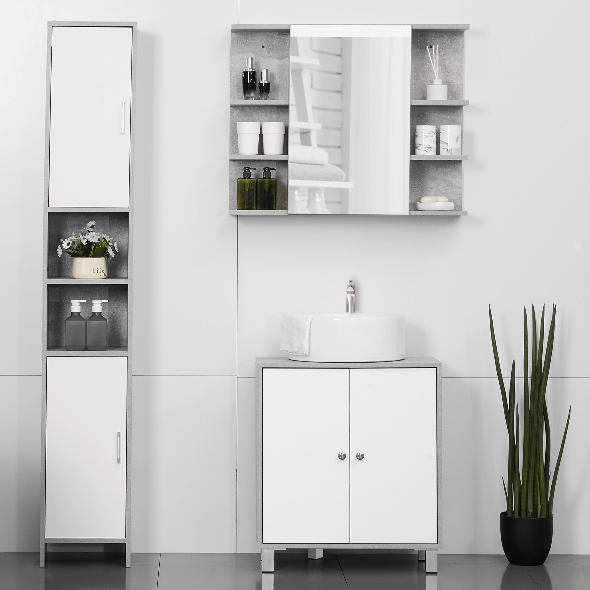 kleankin Under Sink Cabinet, Bathroom Vanity Unit, Pedestal Under Sink Design, Storage Cupboard with Adjustable Shelves, White and Grey 