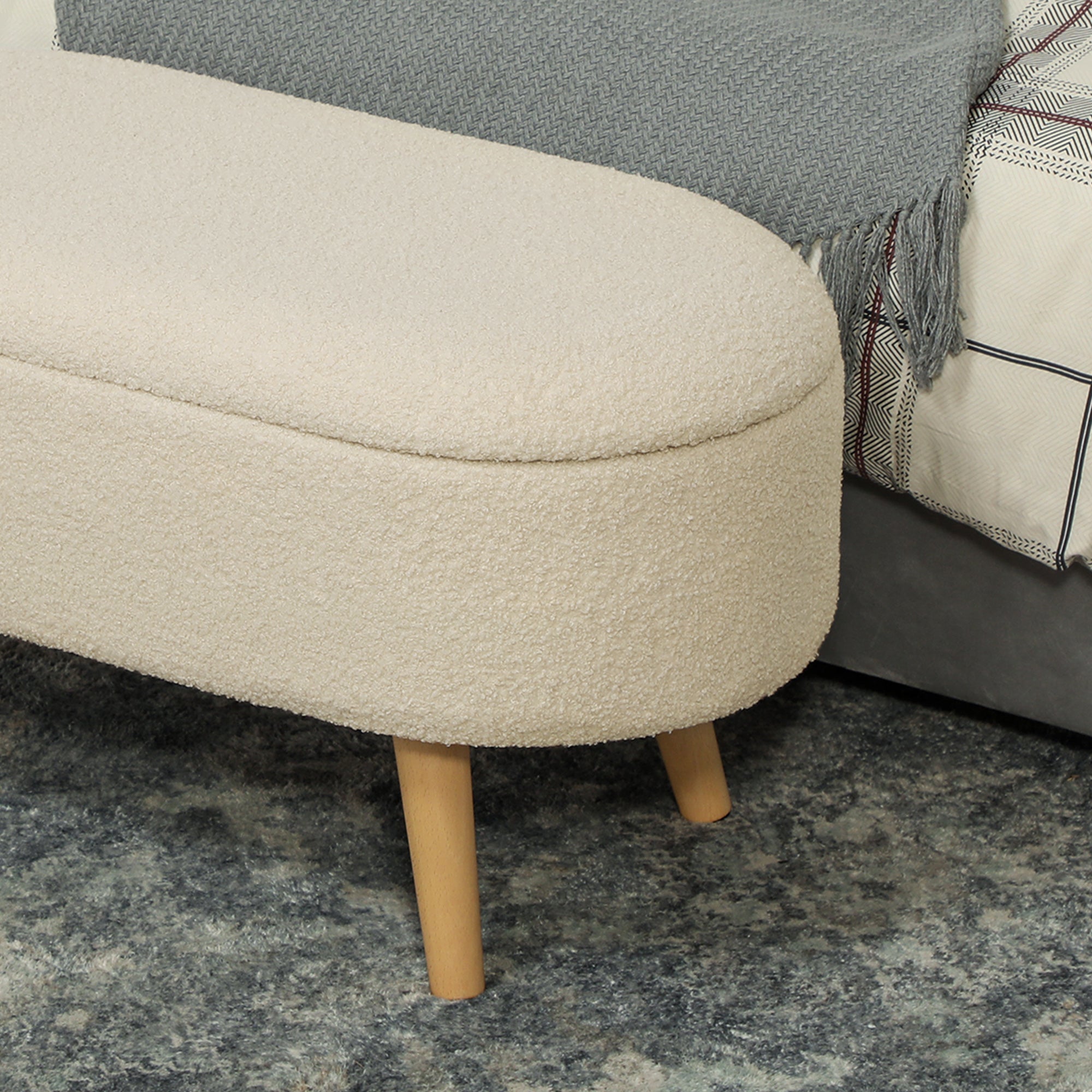 HOMCOM Teddy Fleece Storage Ottoman - Cream White 