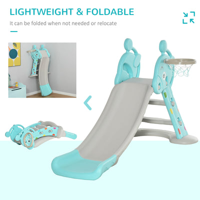 HOMCOM Kids Slide 2 in 1 Toddler Freestanding slide with Basketball Hoop Indoor/Outdoor Use Deer Shaped for 18 months -4 Years Old Blue 