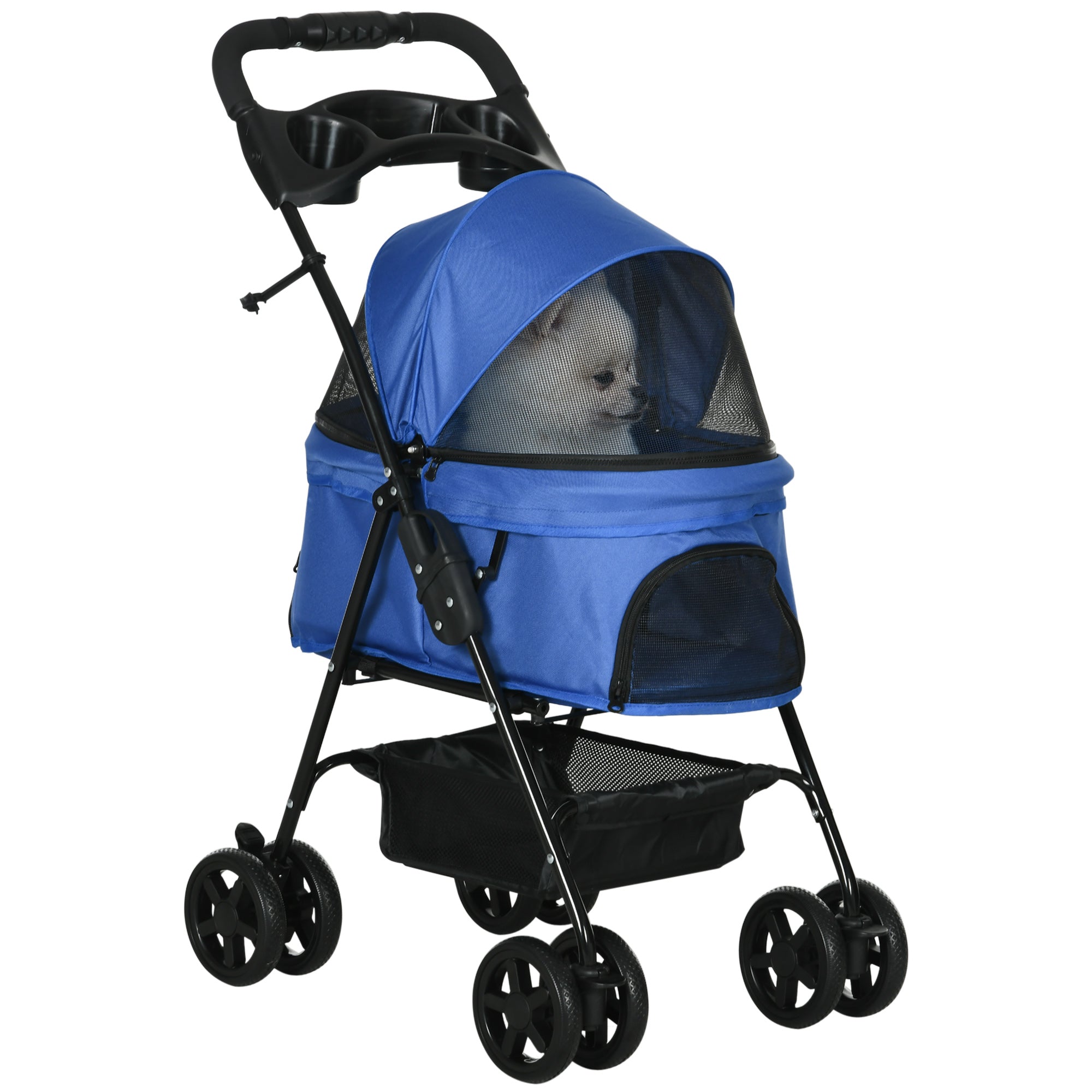 PawHut Dog Pram Dog Stroller Foldable Pet Pushchair with 4 Wheels, Safety Leashes, Cup Holder for Small Dogs, Blue 