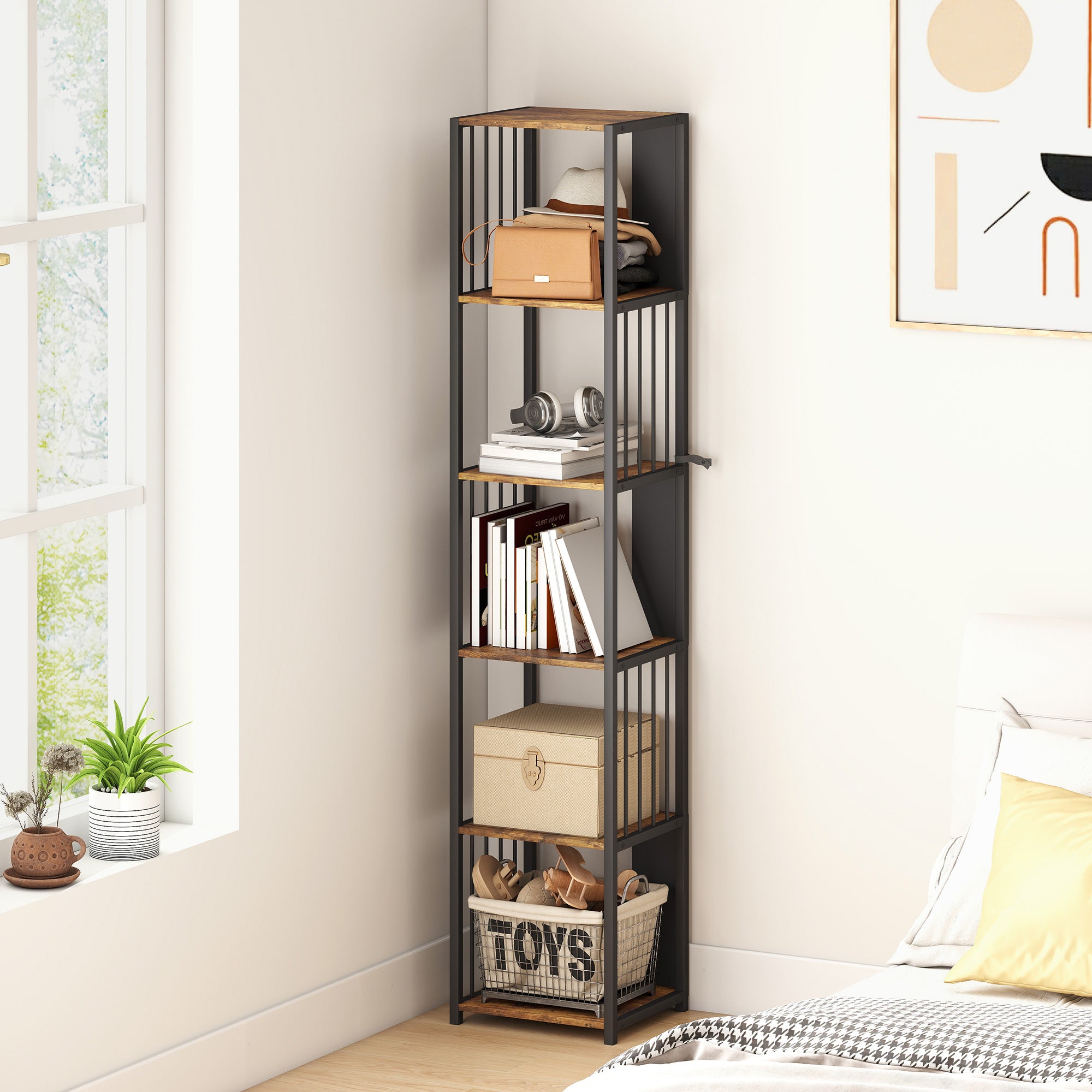 HOMCOM 5-Tier Bookshelf with Steel Frame - Rustic Brown 
