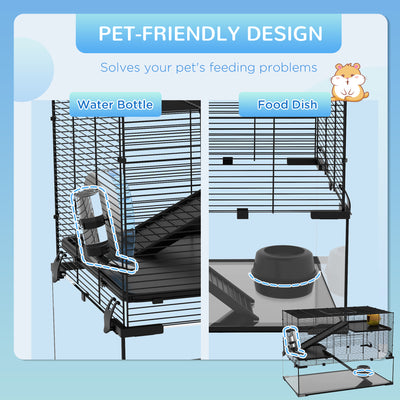 PawHut 3 Tiers Hamster Cage, Gerbil Cage with Deep Glass Bottom, Non-Slip Ramps, Platforms, Hut, Exercise Wheels, Water Bottle, Dish, for Syrian Hamster, Dwarf Hamster, 78.5 x 48.5 x 57cm 