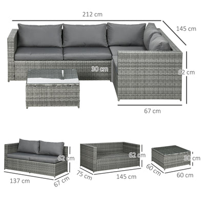 Outsunny 3 Pieces PE Rattan Garden Furniture Set with 10 cm Thick Cushions, 4 Seater Garden Corner Sofa Set with Glass Top Coffee Table, Outdoor Furniture for Patio, Porch, Grey 