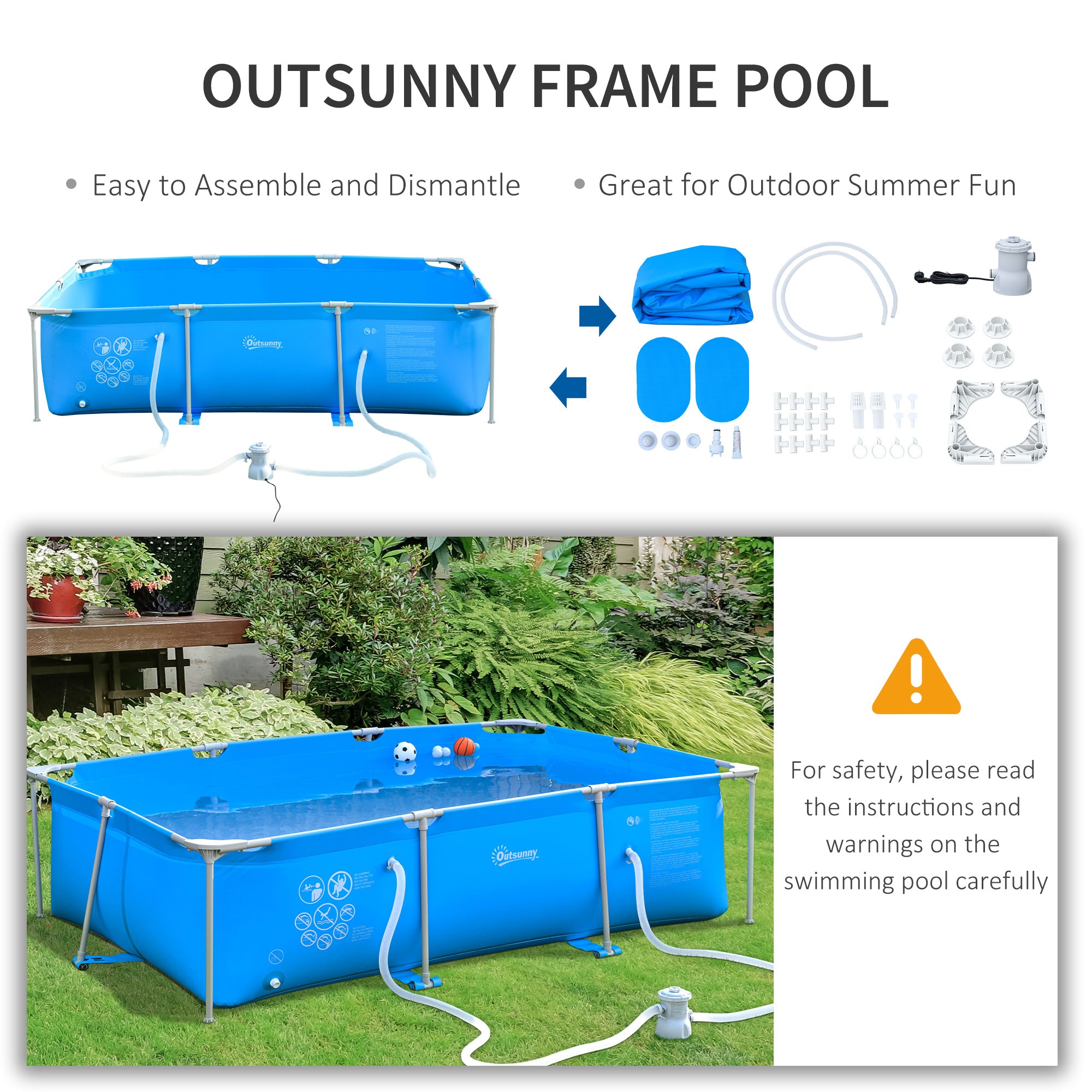 Outsunny Steel Frame Pool with Filter Pump, Filter Cartridge, Reinforced Sidewalls Rust Resistant Above Ground Swimming Pool 292 x 190 x 75cm, Blue 