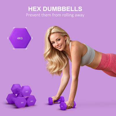 SPORTNOW 2 x 4kg Hexagonal Dumbbells Weights Set with Non-Slip Grip for Home Gym Workout, Purple 