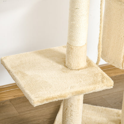 PawHut Cat Tree for Indoor Cats Pet Activity Centre Kitty Condo Climbing Scratching Post with Toys 4-tier 114cm Tall Beige 