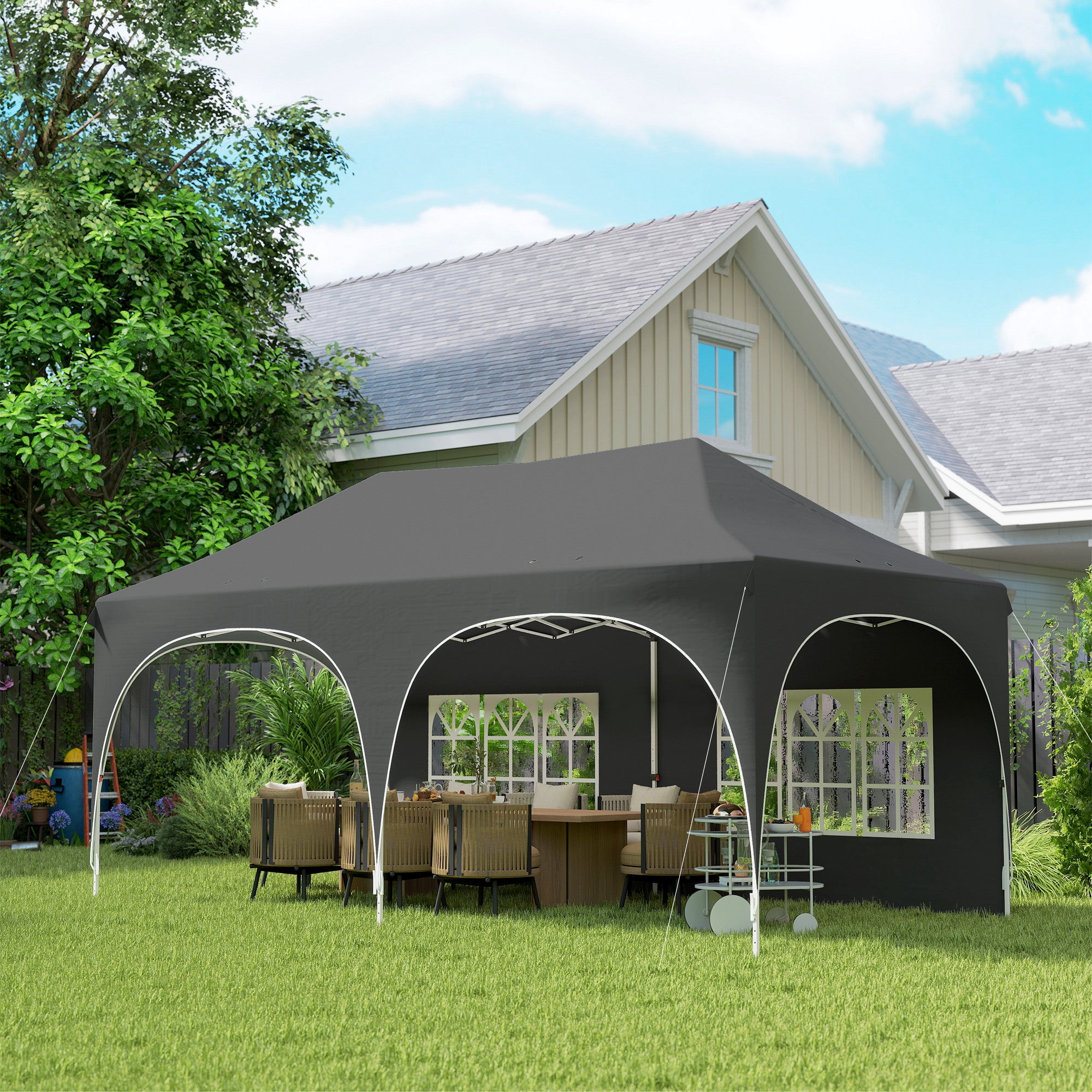 Outsunny 3 x 6m Pop Up Gazebo Shelter with Sides, 6 Sandbags, Peak Top Garden Party Tent Marquee with Carry Bag, Dark Grey 