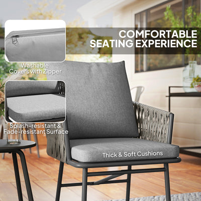 Outsunny 3-Piece Rattan Bistro Set, Garden Table and Chairs with 4 Cushions, Patio Rattan Conversation Furniture Set for Balcony, Porch, Terrace, Grey 