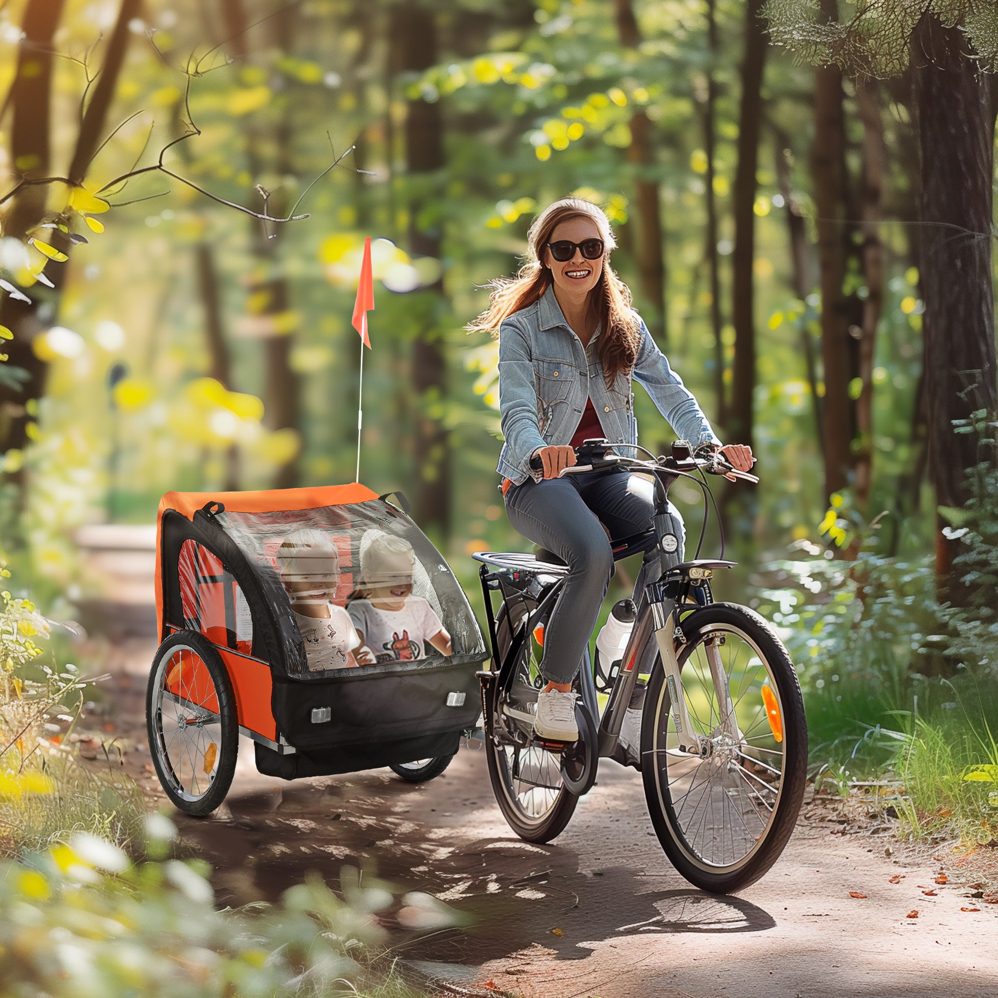HOMCOM 2 Seat Bike Trailer Bicycle wagon for Kids Child Steel Frame Safety Harness Seat Carrier Orange Black 130 x 76 x 88 cm 