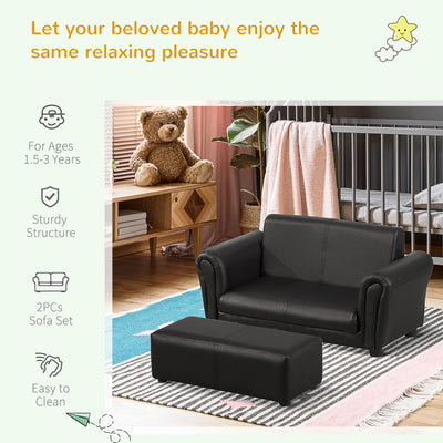 HOMCOM Kids Sofa Bed Kids Twin Sofa Toddler Chair 2 Seater Kids Twin Sofa Chair Boys Girls Couch w/ Footstool (Black) 
