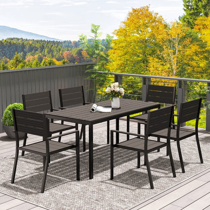 Outsunny 7 Piece Garden Furniture Set, 160 x 80 cm Rectangle Table and 6 Stackable Chairs Set, Outdoor Dining Set for Balcony, Deck, Dark Brown 