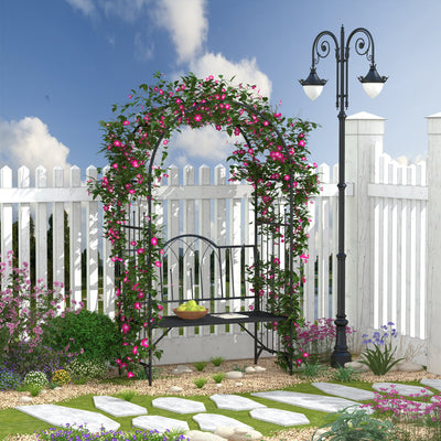 Outsunny Garden Metal Arch Bench Outdoor Patio Rose Trellis Arbour Pergola for Climbing Plant Antique Style 2-Seater Chair, Black 