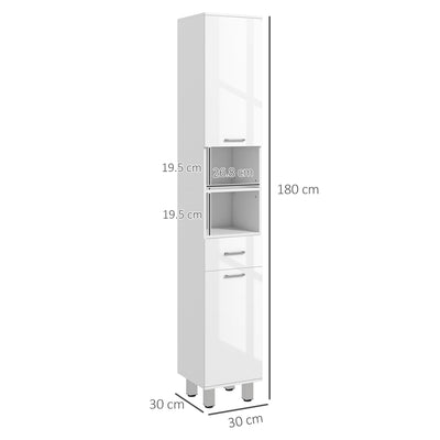 kleankin 71" Tall Slim Bathroom Storage Cabinet, Tall Narrow Cupboard with Drawer, Open Shelves, 2 Doors Cabinets and Adjustable Shelves for Kitchen, Hallway, Living Room, High Gloss White 