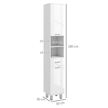 kleankin 71" Tall Slim Bathroom Storage Cabinet, Tall Narrow Cupboard with Drawer, Open Shelves, 2 Doors Cabinets and Adjustable Shelves for Kitchen, Hallway, Living Room, High Gloss White