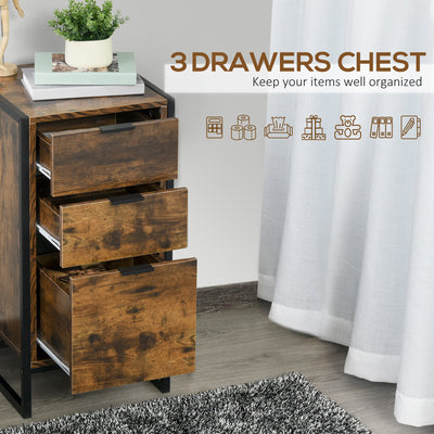 HOMCOM Bedroom Chest of Drawers, Industrial 3-Drawer Dresser, Storage Drawers Unit with Metal Frame for Living Room, Rustic Brown 