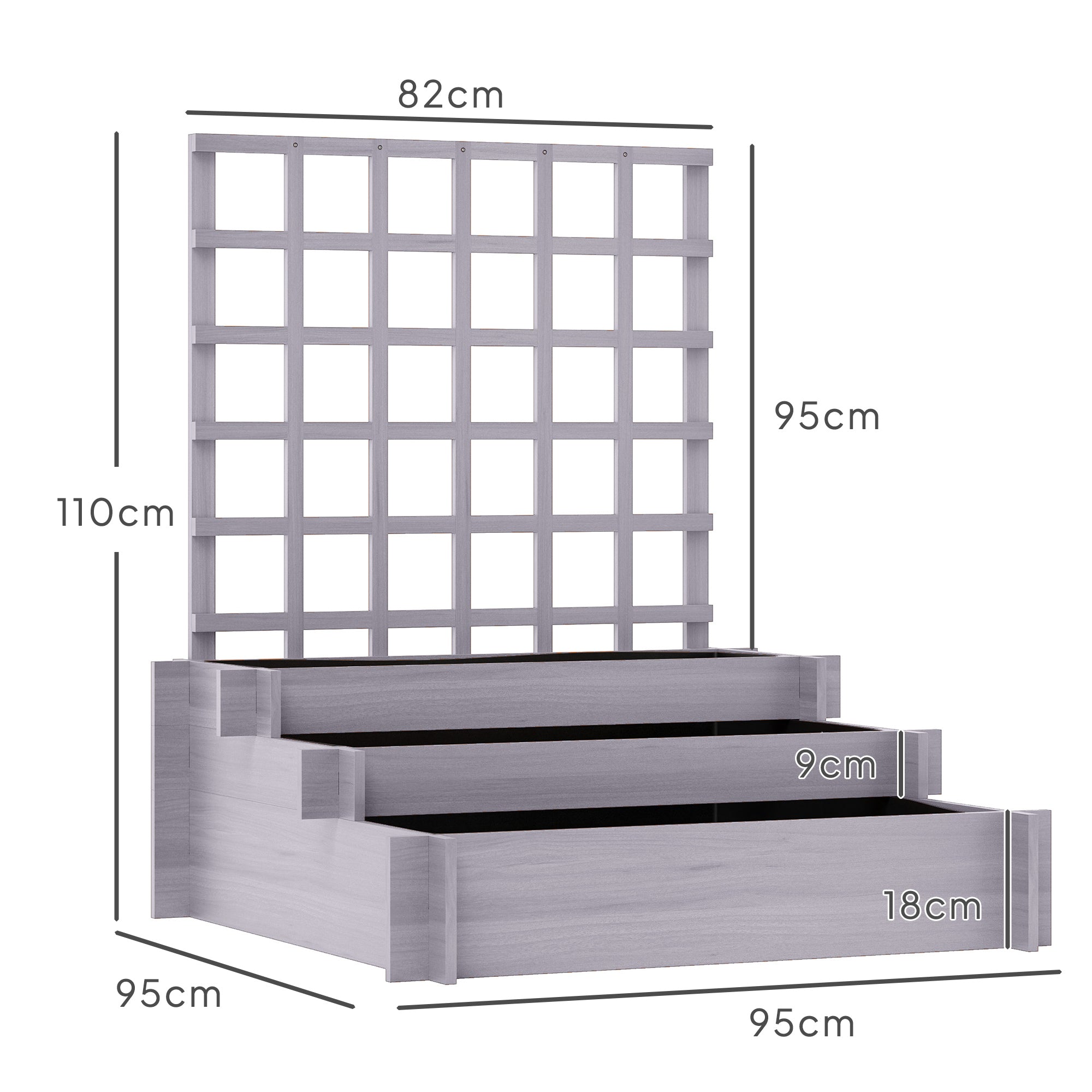 Outsunny 3 Tier Garden Planters with Trellis for Vine Climbing, Wooden Raised Beds, 95x95x110cm, Grey 