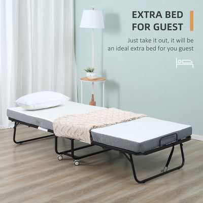 HOMCOM Folding Bed with 10cm Mattress, Portable Foldable Guest Bed with Sturdy Metal Frame on Wheels 