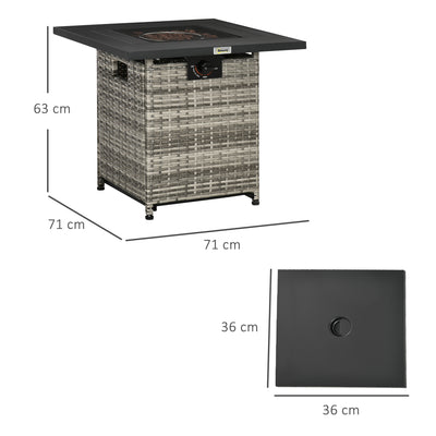 Outsunny Outdoor PE Rattan Gas Fire Pit Table, Patio Square Propane Heater with Rain Cover, Mesh Lid and Lava Stone, 40,000 BTU, Mixed Grey 