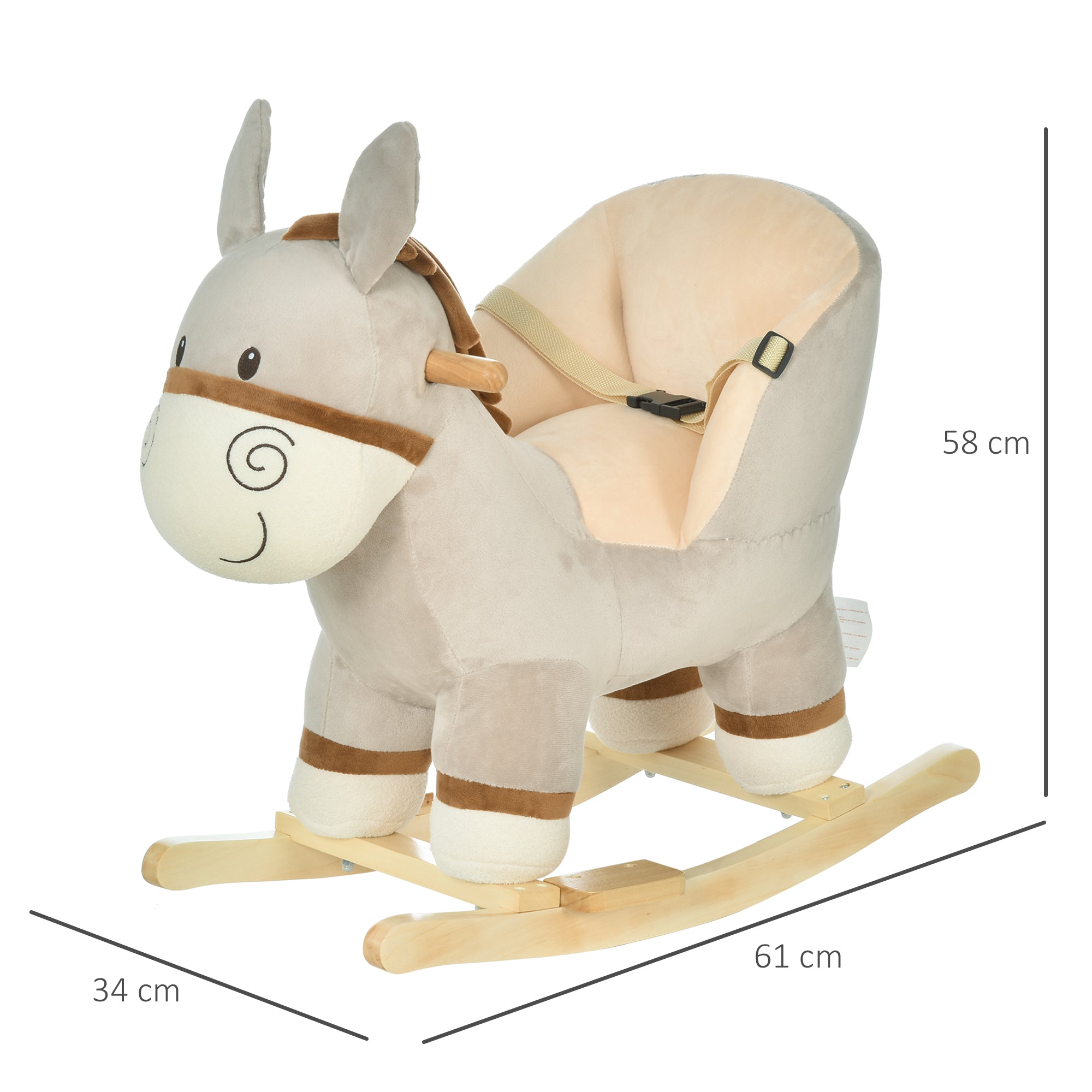 HOMCOM Kids Children Rocking Horse Plush Ride On Donkey Seat w/ Sound Wood Base Seat Safety Belt Toddler Baby Toy Rocker Grey 18 - 36 Months 
