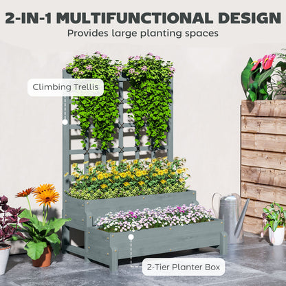 Outsunny 2-Tier Raised Garden Bed with Trellis, Wooden Elevated Planter Box with Drainage Holes, Outdoor Raised Planter for Climbing Plants, Fruits, Vegetables, Flowers, Grey 